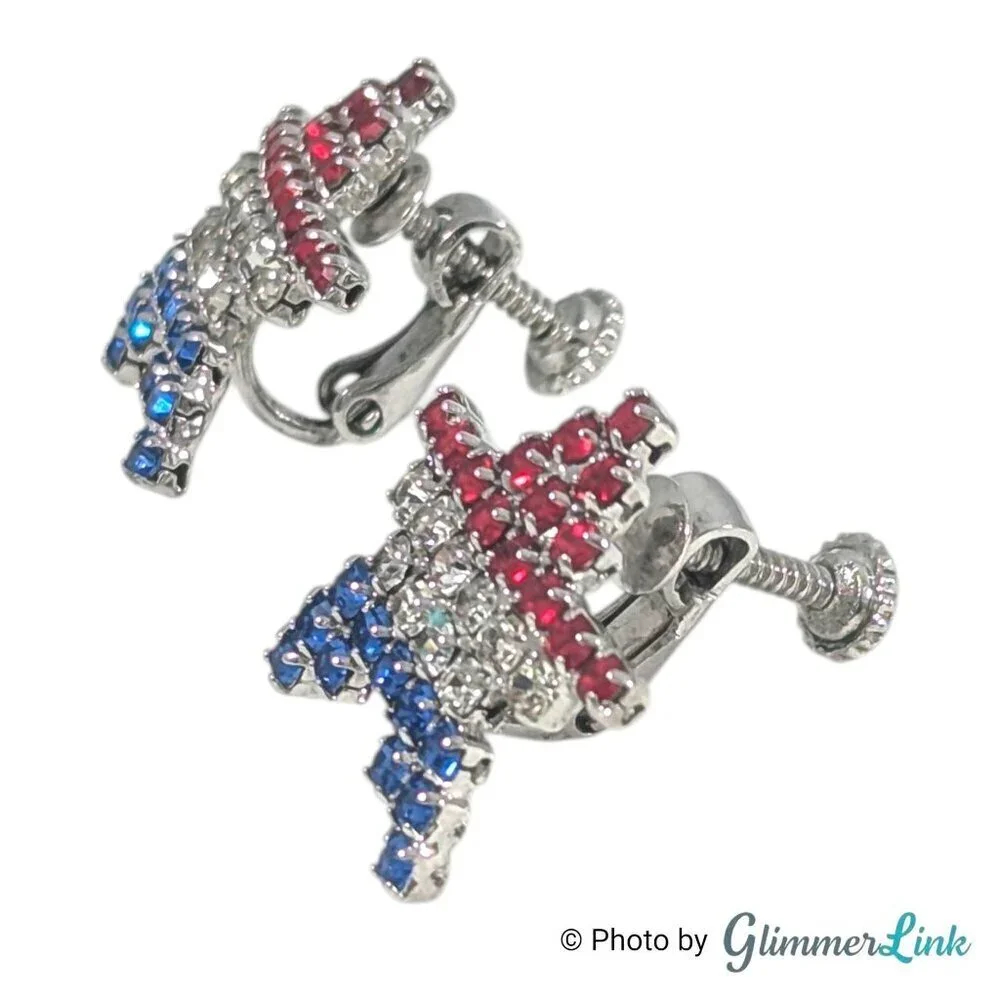 Vintage Patriotic Red White Blue Rhinestone Star Silver Tone Screw Back Earrings